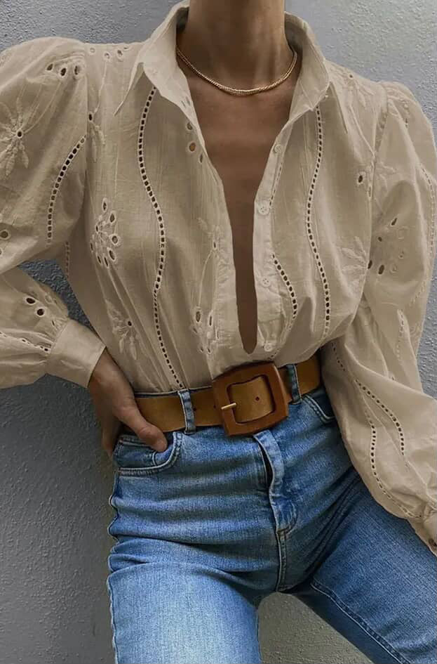 Hollow Out Solid Button Puff Sleeves Blouse
