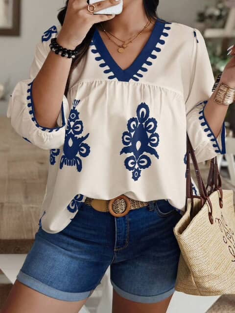 V Neck Loose Blouse Blue