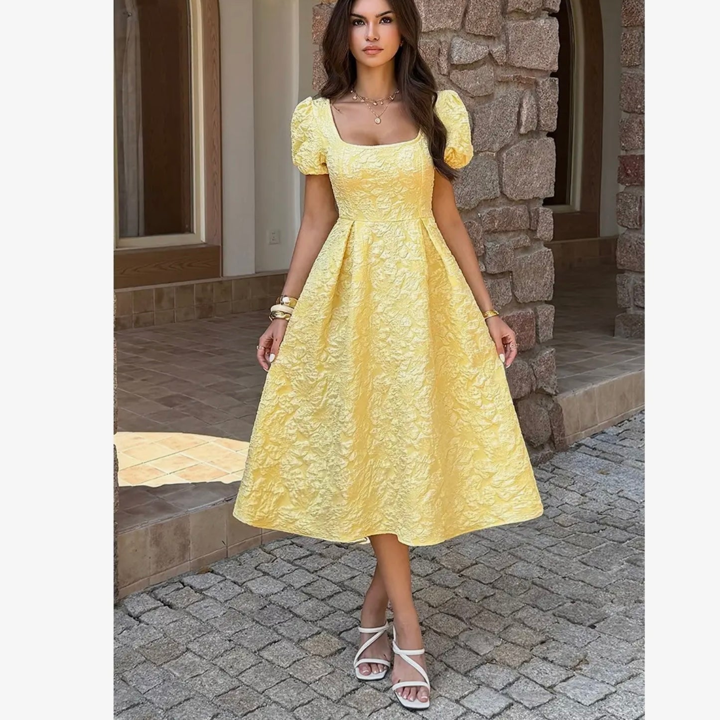 Yellow Square Neck Puff Sleeve