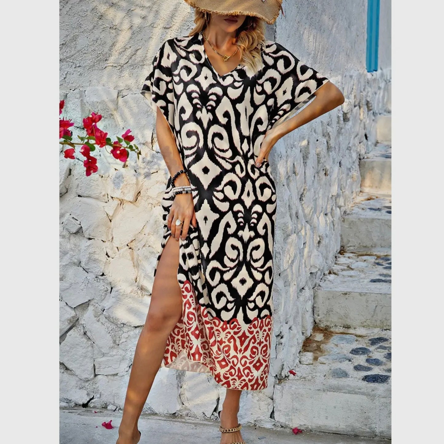 Print V Neck Loose Dress