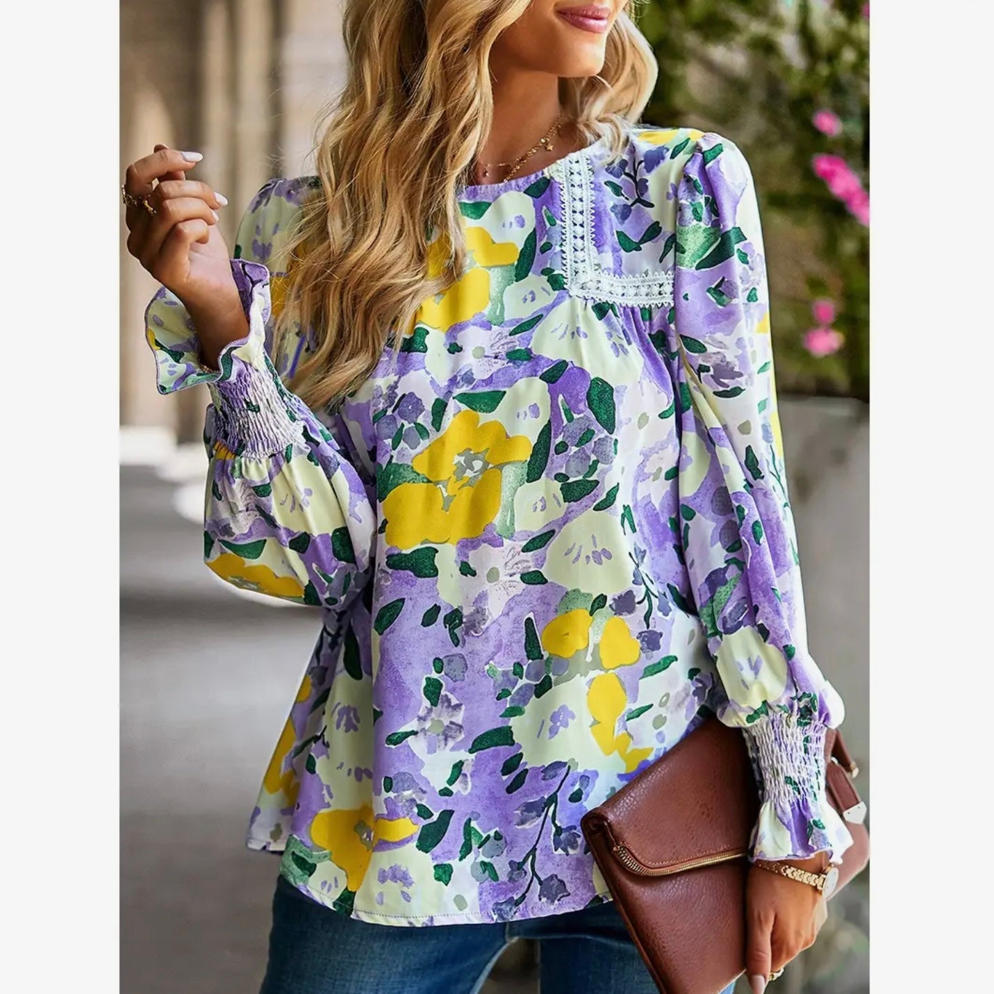 Floral Contrast Lace Trim Top Purple