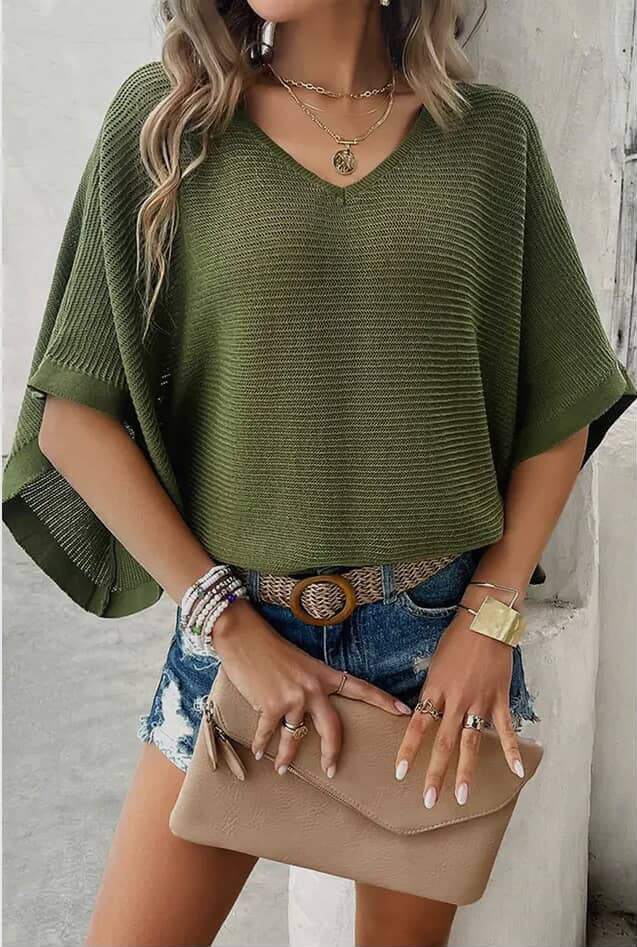 Solid V Neck Knit Loose Fit Bat Sleeves Top