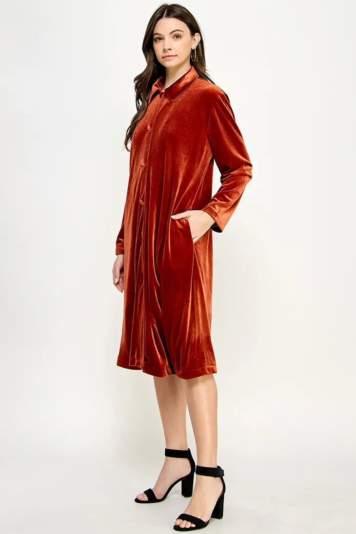 KJ-1437-6 LONG SLEEVE VELVET DUSTER RUST - L