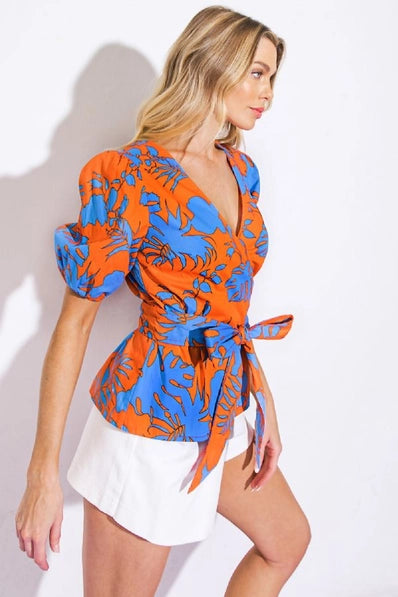 The Nora ORANGE BLUE Leaf Blouse -IT13089-