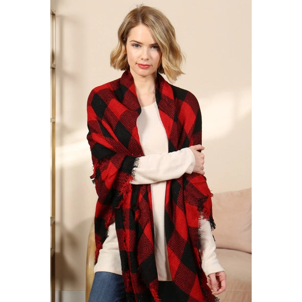 Fringe Blanket Buffalo Plaid Scarf - RED PLAID ONE