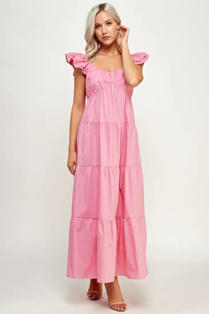 TD-9537-6 V-NECK TIERED MAXI DRESS PINK - L