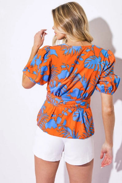 The Nora ORANGE BLUE Leaf Blouse -IT13089-