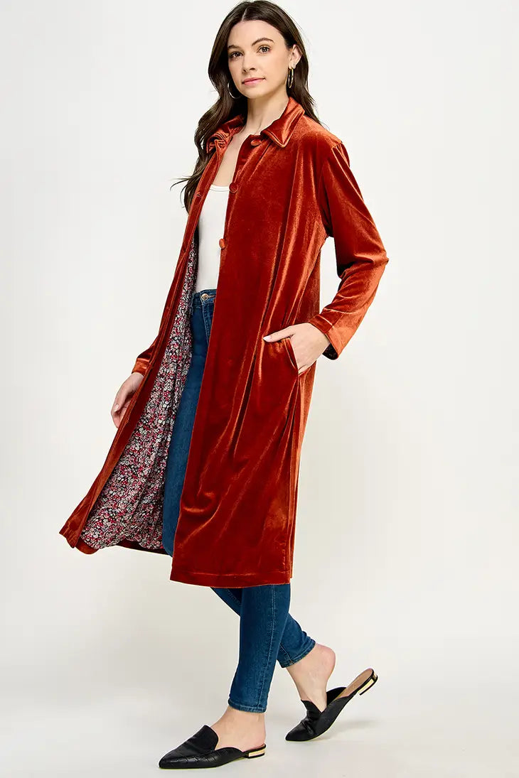 KJ-1437-6 LONG SLEEVE VELVET DUSTER RUST - L