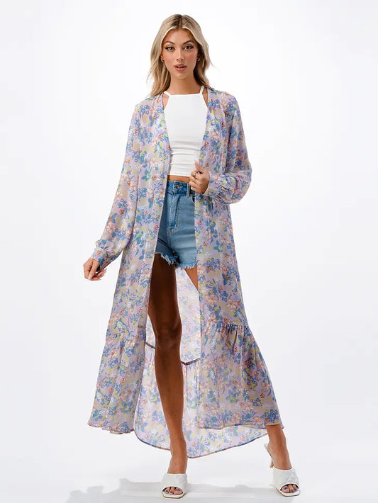 The Jayla LAVENDER FLORAL  RUFFLED KIMONO