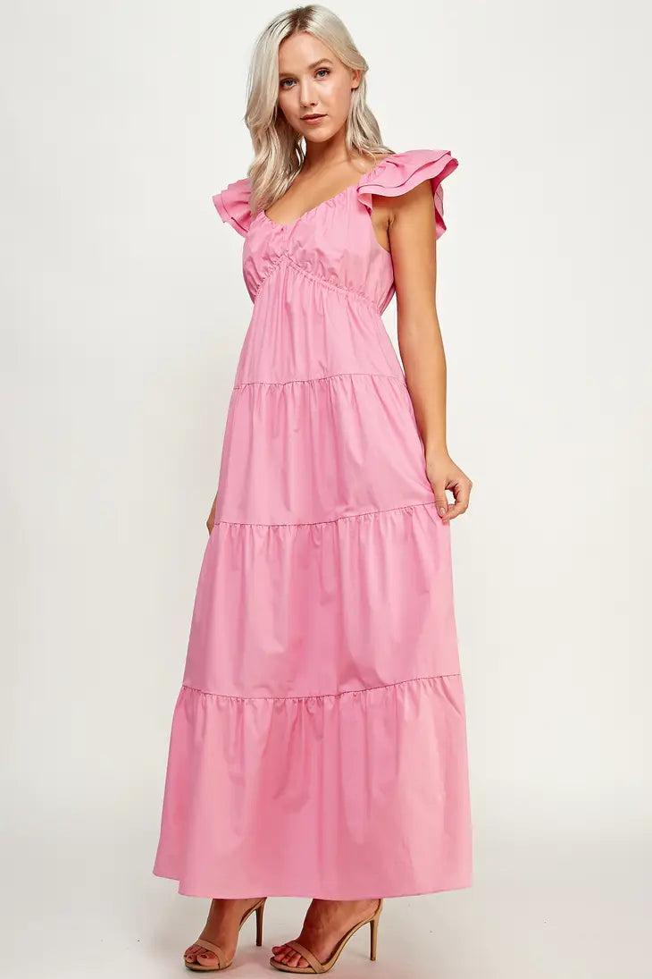 TD-9537-6 V-NECK TIERED MAXI DRESS PINK - L