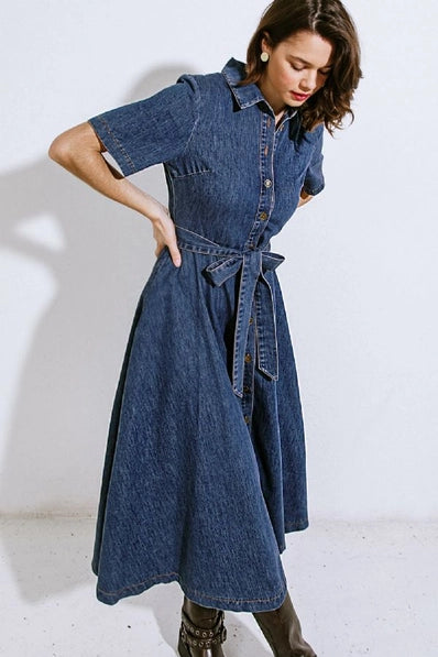 A washed denim midi dress - FD1023 -  INDIGO