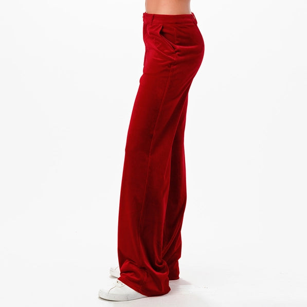 VELVET STRAIGHT LEG PANTS -RED