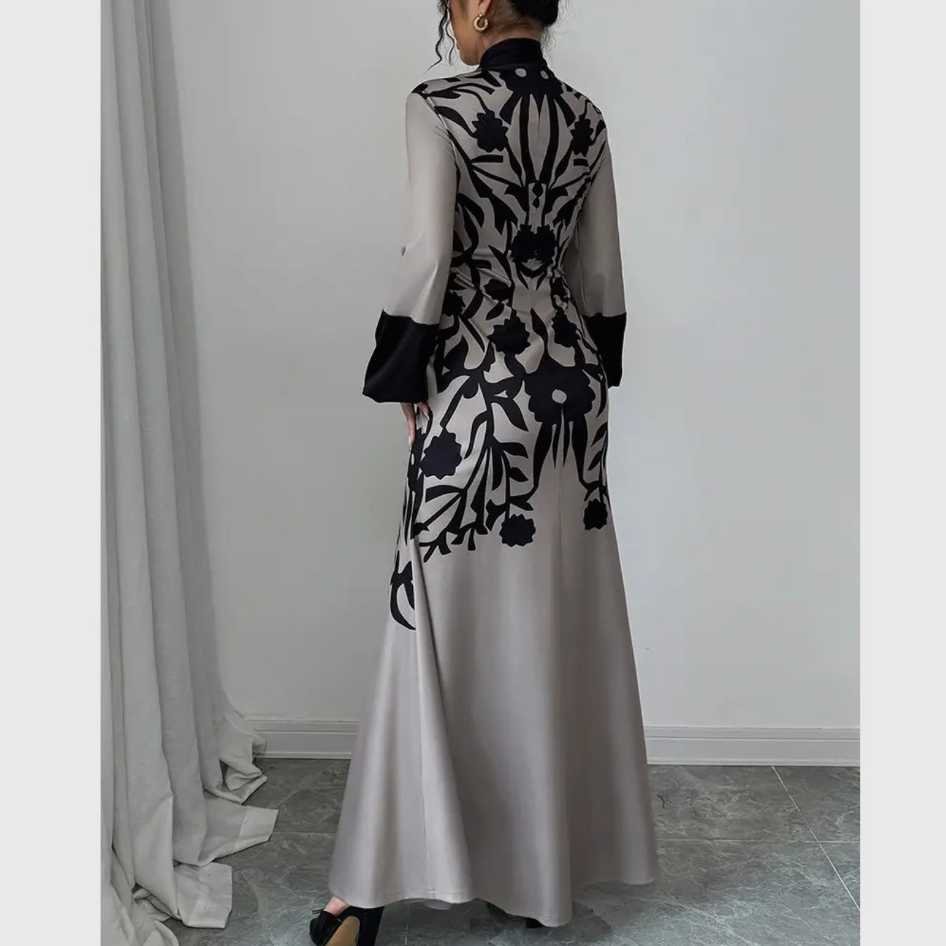 Floral V Neck Fit Long Lantern Sleeve Dress