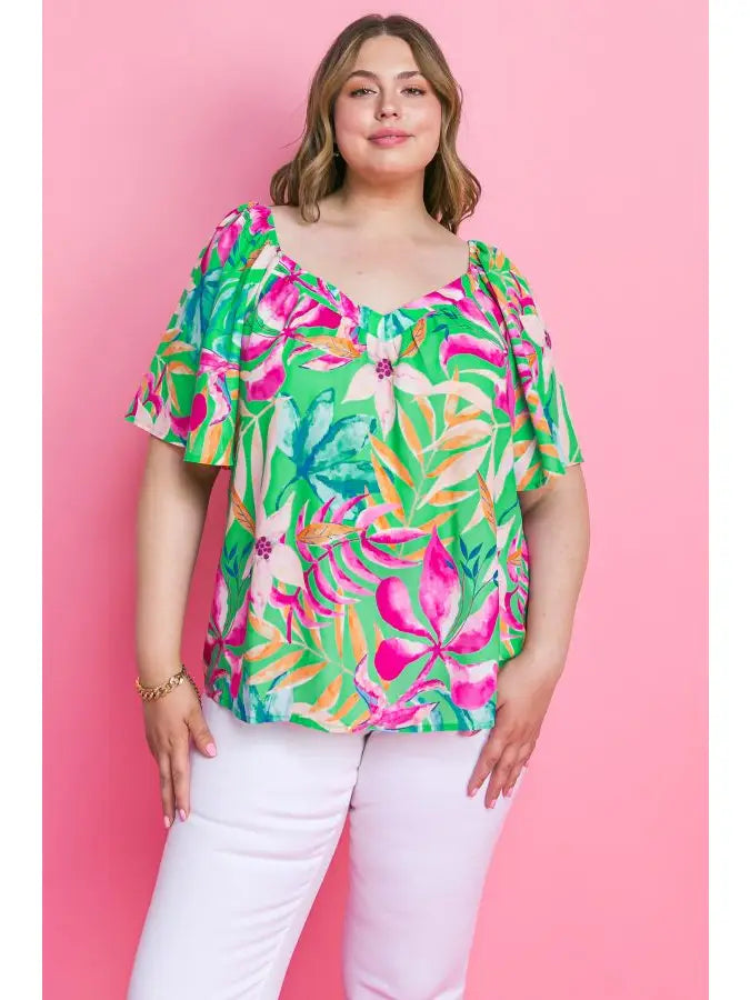 The Lia GREEN Floral Printed Top Plus Size