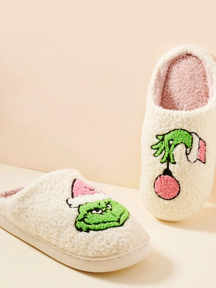 Christmas Green Monster Fuzzy Fleece Soft Slipper  - IVORY ONE