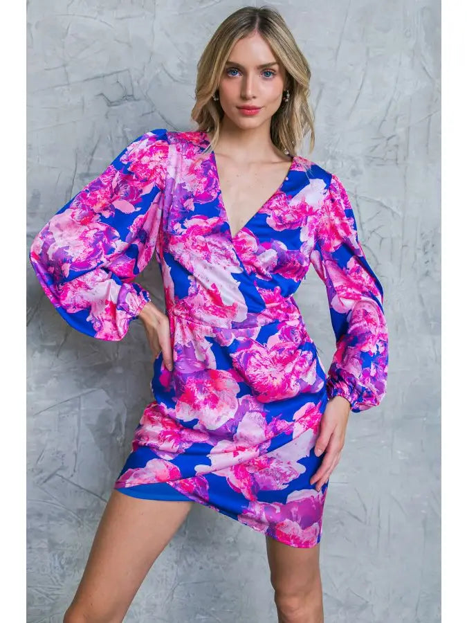 A printed satin mini dres - ID20342 BLUE FUCHSIA