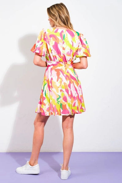 The Everly GREEN PINK Printed Dress -ID21147-