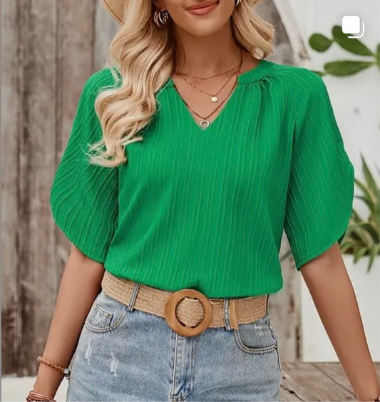 Plain V Neck Loose Fit Short Sleeve Blouse Green