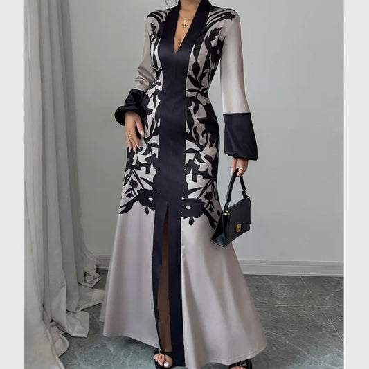 Floral V Neck Fit Long Lantern Sleeve Dress