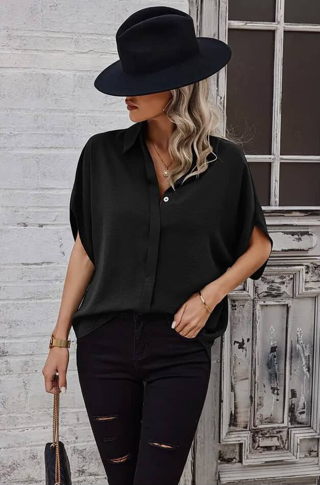 Solid Front Open Button Loose Fit Blouse