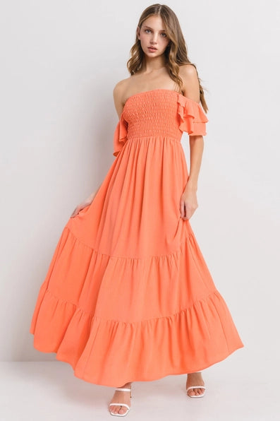 Solid Flared Sleeve Long Tiered Dress / DC50898SA  CORAL ( Last Size S)