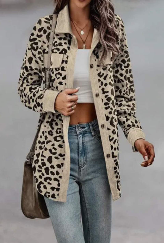 Button Down Long Sleeve Leopard Pocket Jacket