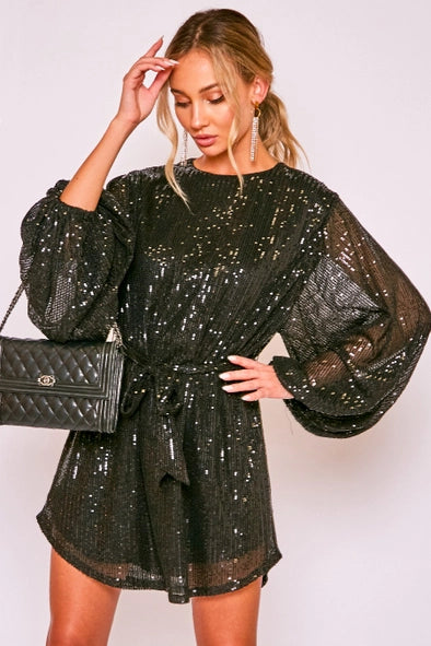 Round Neck Balloon Sleeve Sequin Mini Dress VD31790 - BLACK S