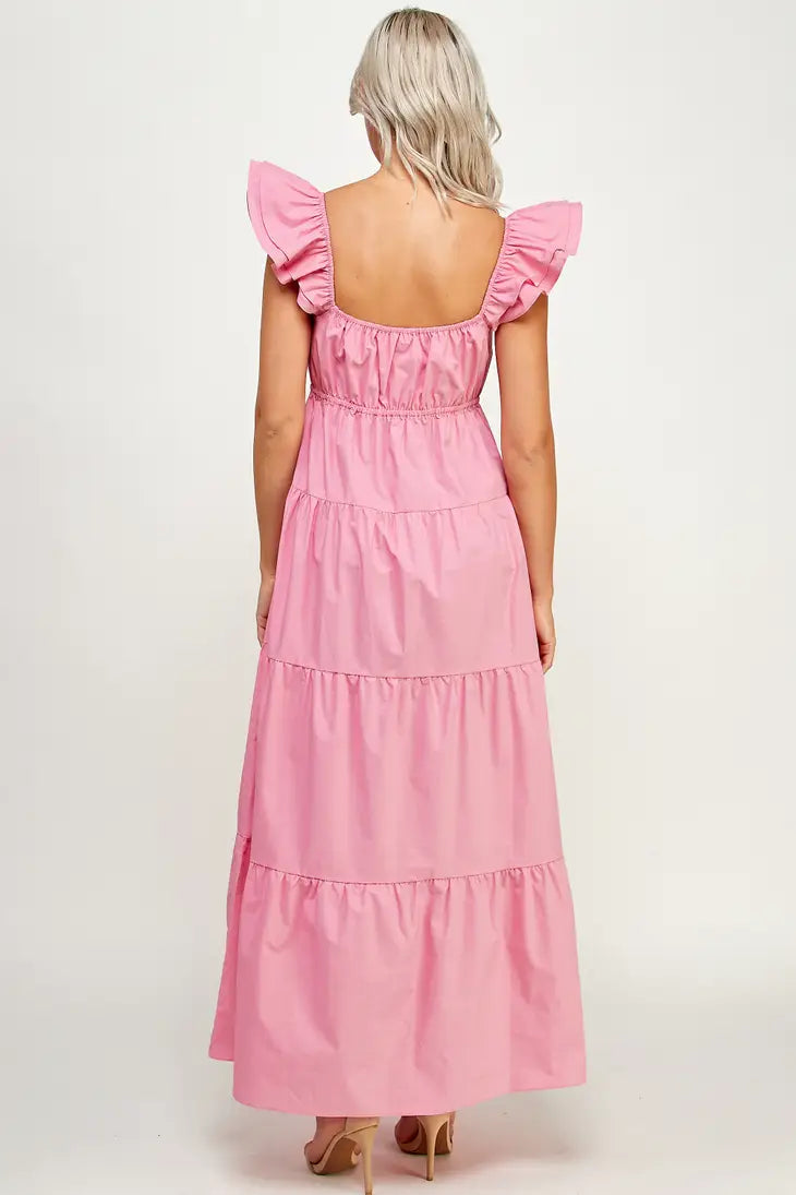 TD-9537-6 V-NECK TIERED MAXI DRESS PINK - L