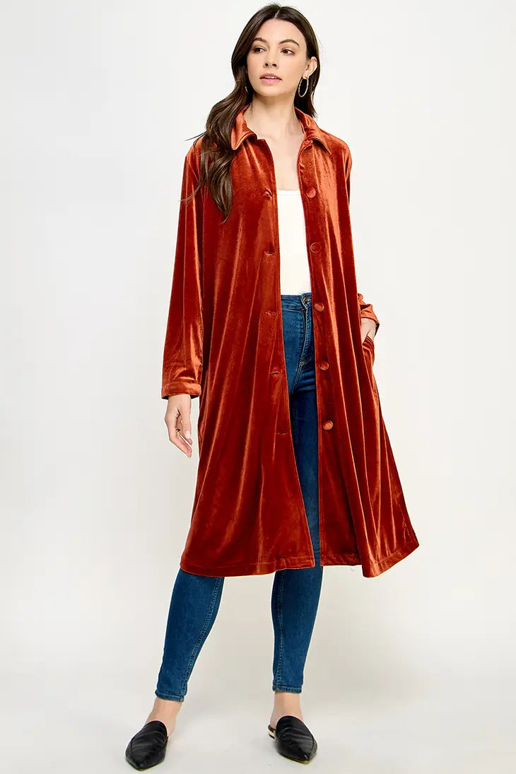 KJ-1437-6 LONG SLEEVE VELVET DUSTER RUST - L