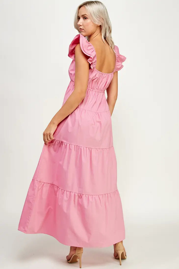 TD-9537-6 V-NECK TIERED MAXI DRESS PINK - L