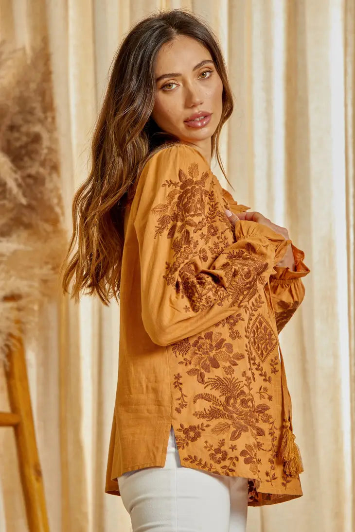 Embroidered Long Sleeves Tunic Top T12053-1 - MARIGOLD / Small