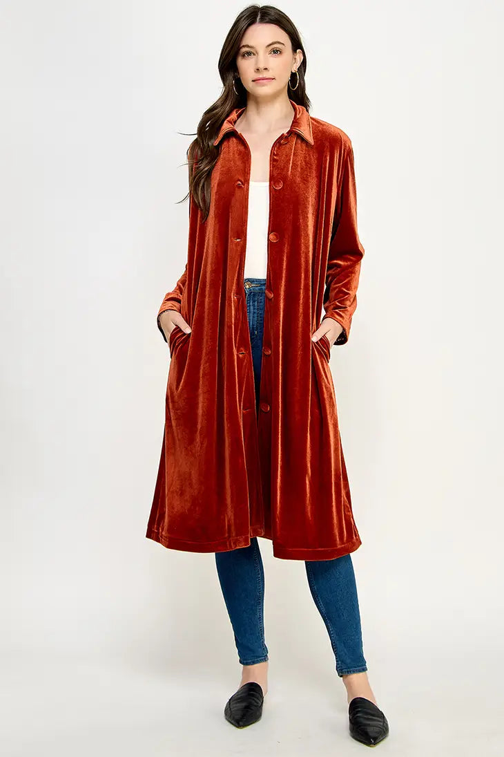 KJ-1437-6 LONG SLEEVE VELVET DUSTER RUST - L