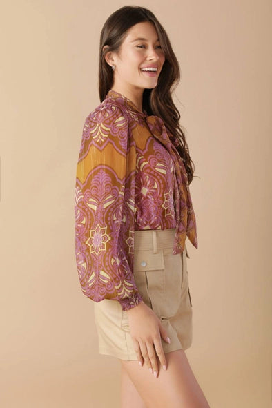 A printed woven top - IT13433 - RUST PURPLE Contemporary