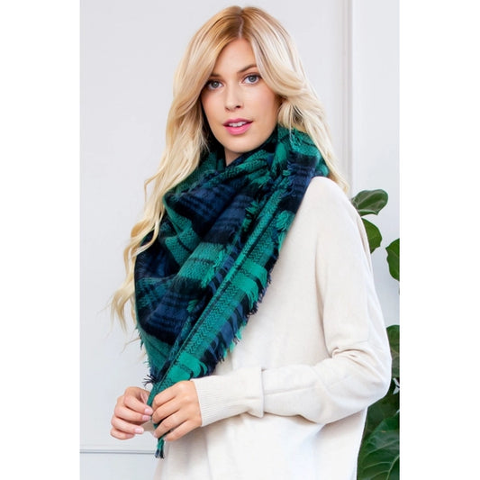 Plaid Fringe Blanket Scarf - GREEN ONE