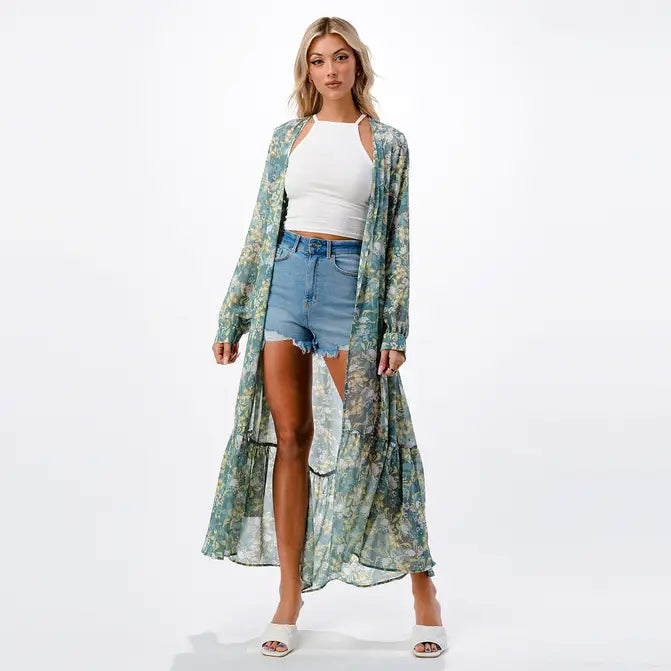 The Jayla LAVENDER FLORAL  RUFFLED KIMONO