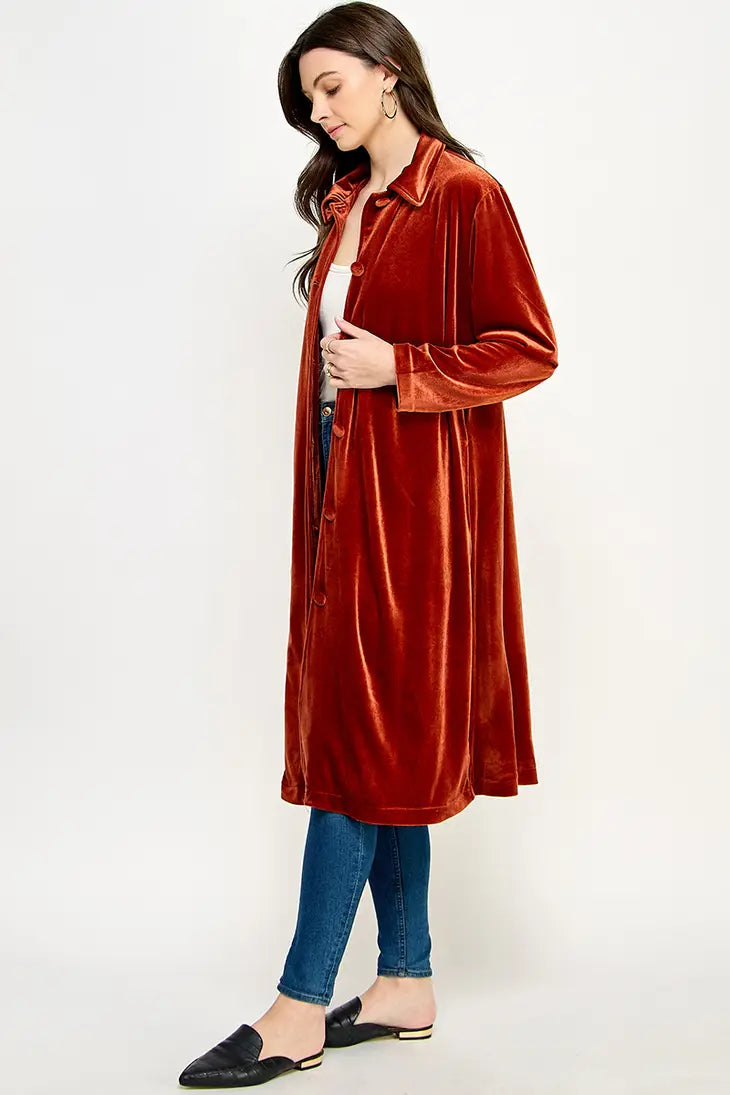 KJ-1437-6 LONG SLEEVE VELVET DUSTER RUST - L