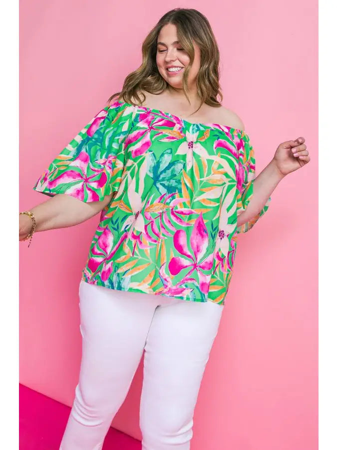 The Lia GREEN Floral Printed Top Plus Size