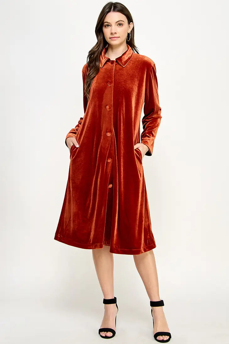 KJ-1437-6 LONG SLEEVE VELVET DUSTER RUST - L