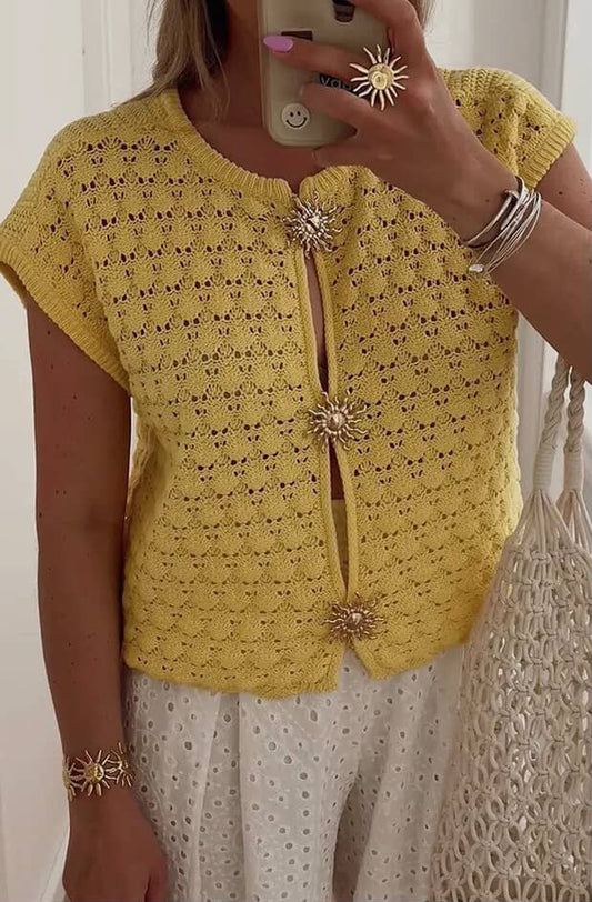 Crotchet Short Sleeve Button Front Sweater