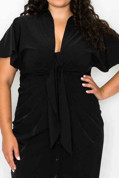 8014D - Plus size V neck waist tie dress - BLACK