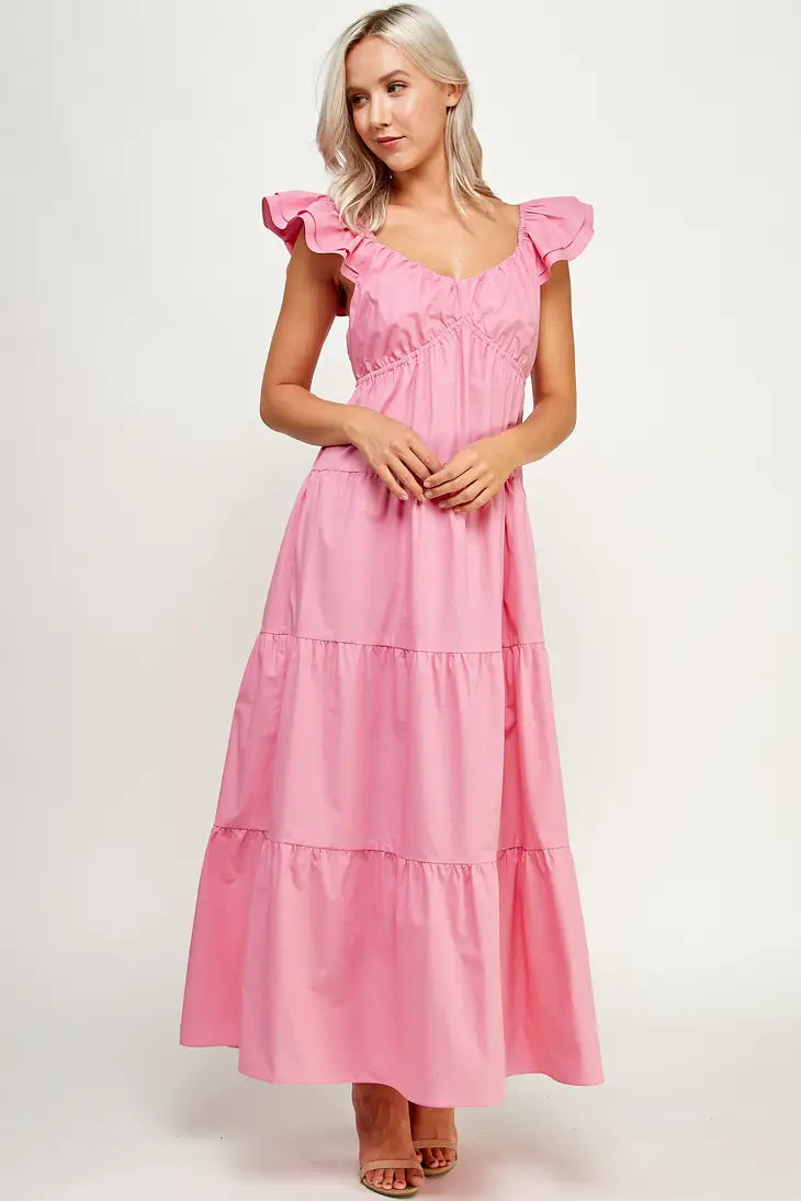 TD-9537-6 V-NECK TIERED MAXI DRESS PINK - L