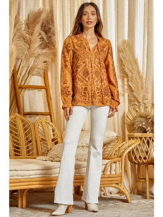 Embroidered Long Sleeves Tunic Top T12053-1 - MARIGOLD / Small