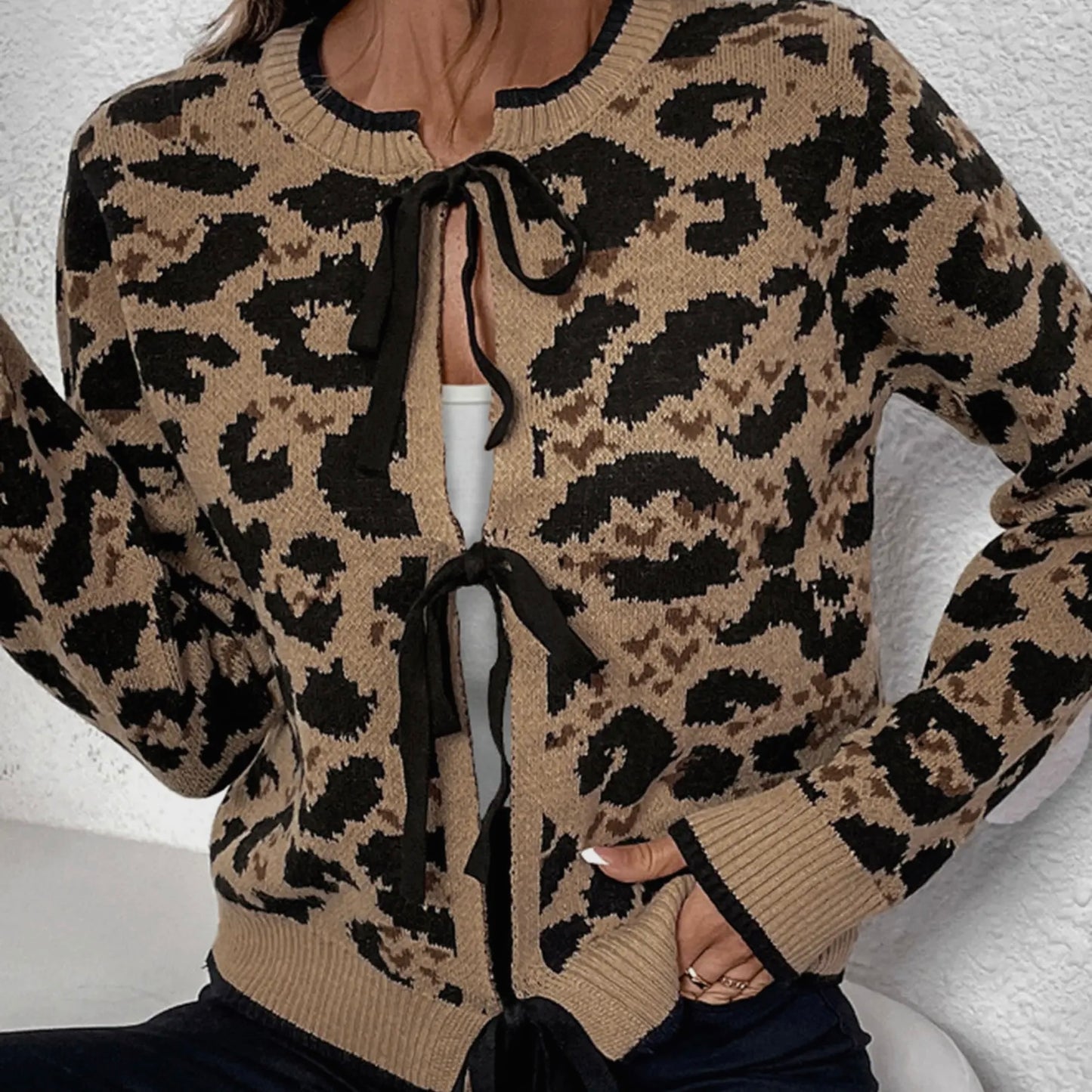 Leopard Print Butterfly Tie Tied Knit Sweater