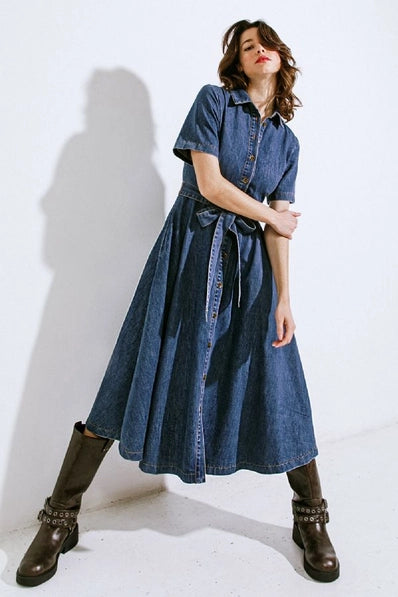 A washed denim midi dress - FD1023 -  INDIGO