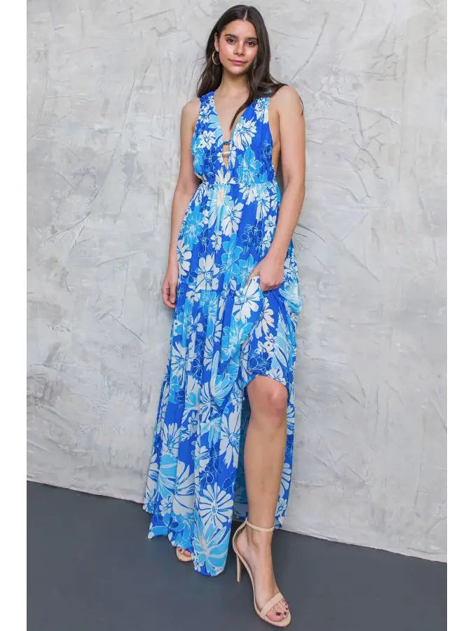 A printed woven maxi dress - ID20126  / BLUE(Size L Left)