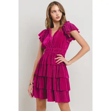 Pleated Ruffle Mini Dress / DIC51594 - MAGENTA