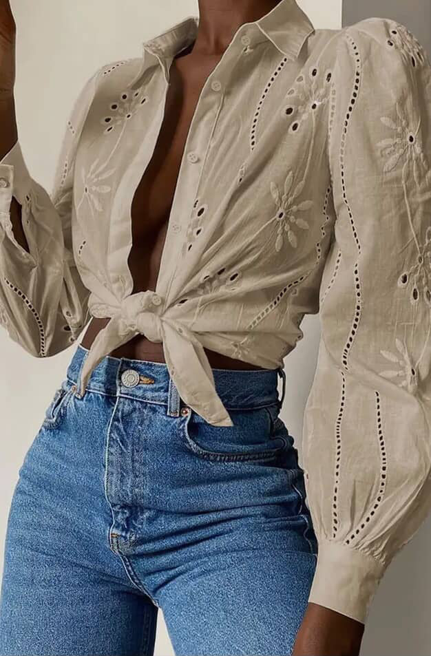 Hollow Out Solid Button Puff Sleeves Blouse