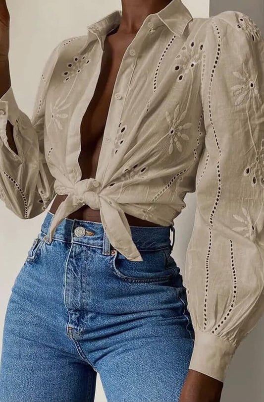 Hollow Out Solid Button Puff Sleeves Blouse