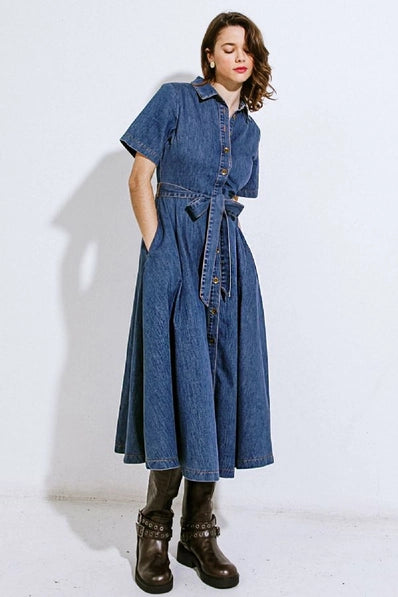 A washed denim midi dress - FD1023 -  INDIGO