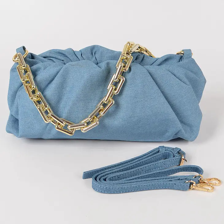 Denim Rectangle Chain Clutch - LIGHT BLUE